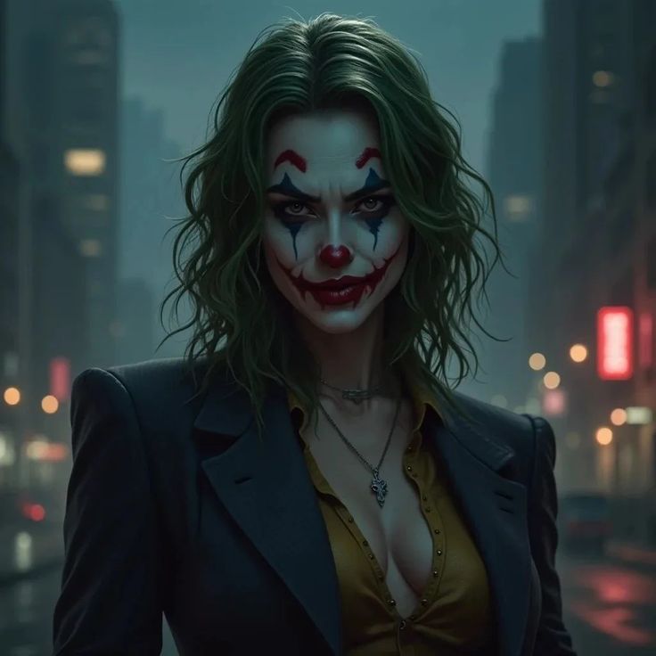 a woman dressed as the joker in a dark city