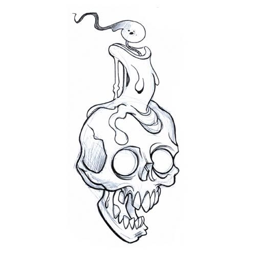 a drawing of a skull with a person sitting on it's head and holding a snake