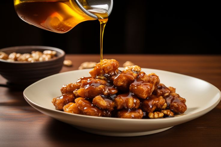 a white plate topped with fried food next to a bowl of nuts and syrup on top of a wooden table