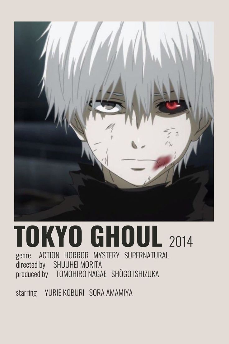 the poster for tokyo ghoul, featuring an evil man with white hair and red eyes