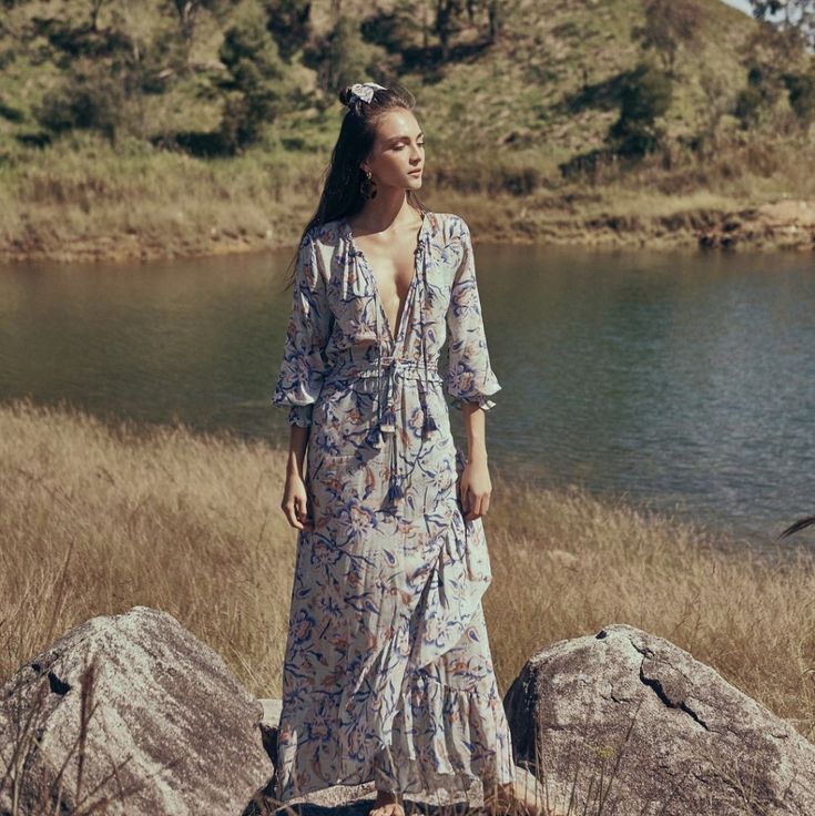 Nwot Never Used Bohemian Long Sleeve Beach Dress For Brunch, Blue Boho Print V-neck Dress, Elegant Boho Print Maxi Dress For Festival, Elegant Boho Print Dress For Spring, Elegant Boho Dress With Boho Print For Spring, Blue Long Bohemian Dress, Fitted Bohemian Dress For Brunch, Blue Bohemian Maxi Dress, Bohemian Blue Midi Dress For Day Out