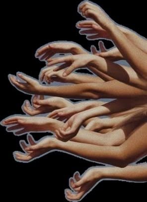 there are many hands reaching out to touch each other with their fingertipss, as if they were holding something in the air