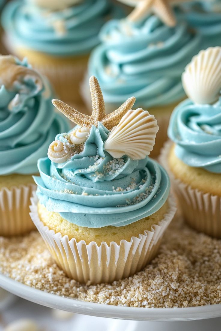 Beach-Themed Cupcakes: Creative and Delicious Summer Treats Blue Buttercream Frosting, Beach Hangout, Ocean Cupcakes, Beach Theme Cupcakes, Cherry Dump Cake Recipe, Ocean Cakes, Coastal Inspiration, Fluffy Cake, Birthday Cake Decorating Ideas