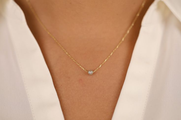 Total Carat Weight: .16 Size of Ball: 4 mm This is the perfect everyday necklace that you never have to (or want to!) take off. This three-dimensional diamond ball is a modern take on the classic pave disc. The adjustable chain makes it easy to move it up or down on your neck so you're able to layer it with other necklaces. Worldwide DHL shipping now available 1-3 business days NOW USING ITALIAN TRIGGER LOBSTER CLASPS Available 14K Solid White, Solid Yellow, Solid Rose Gold 🛠 All Sarah Elise pi Formal Round Birthstone Necklace With Delicate Chain, Elegant Diamond Necklace With Birthstone, Dainty Diamond Necklace With Cable Chain For Formal Occasions, Dainty Solitaire Necklace With Cable Chain For Formal Occasions, Elegant Sterling Silver Cable Chain Necklace, Elegant Gold Diamond Necklace With Cable Chain, Elegant Yellow Gold Diamond Necklace With Cable Chain, Elegant Everyday Solitaire Necklace With Round Pendant, Minimalist Round Birthstone Necklace For Formal Events