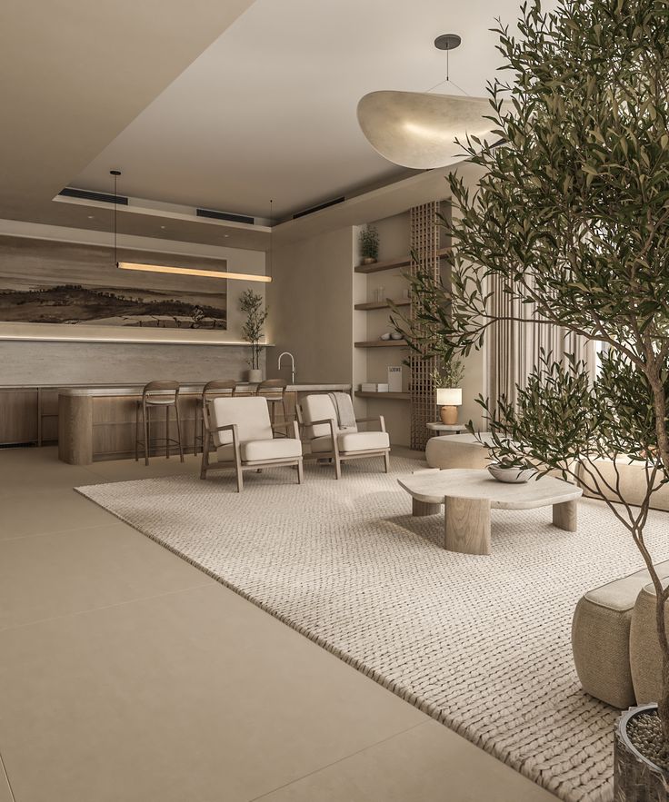 a living room filled with furniture and a tree in the middle of it's floor