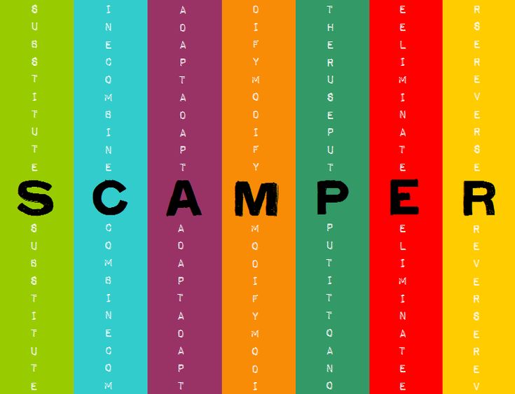 the word scamper is written in black on a multicolored striped background