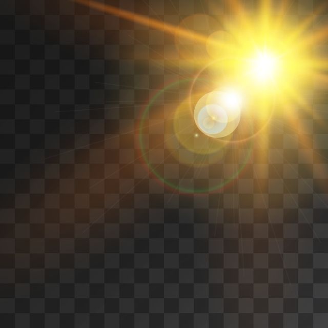 the sun shines brightly on a transparent background, with lens flarers to show it's brightness