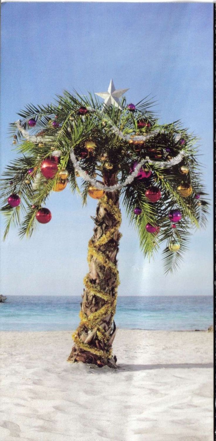 a palm tree decorated with ornaments on the beach