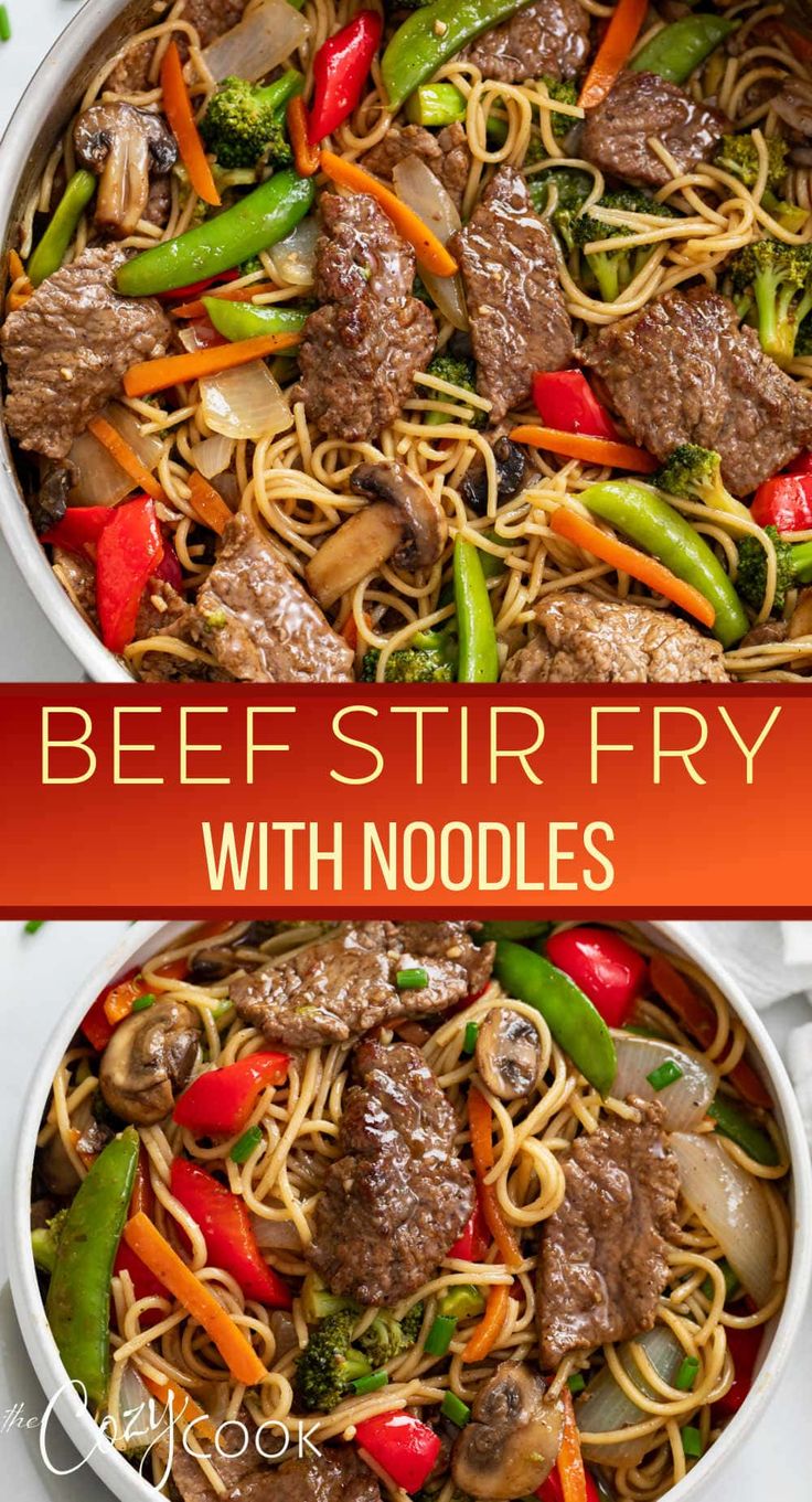 beef stir fry with noodles and vegetables in a pan