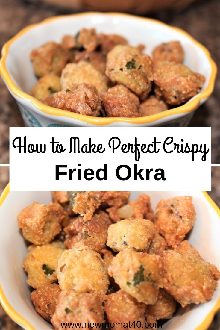 how to make perfect crispy fried okra in two bowls with text overlay