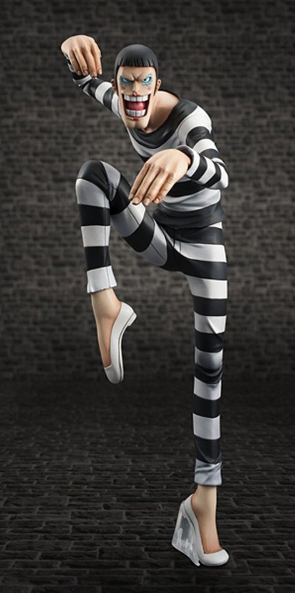 a statue of a man in jail clothes with his arms out and legs spread wide