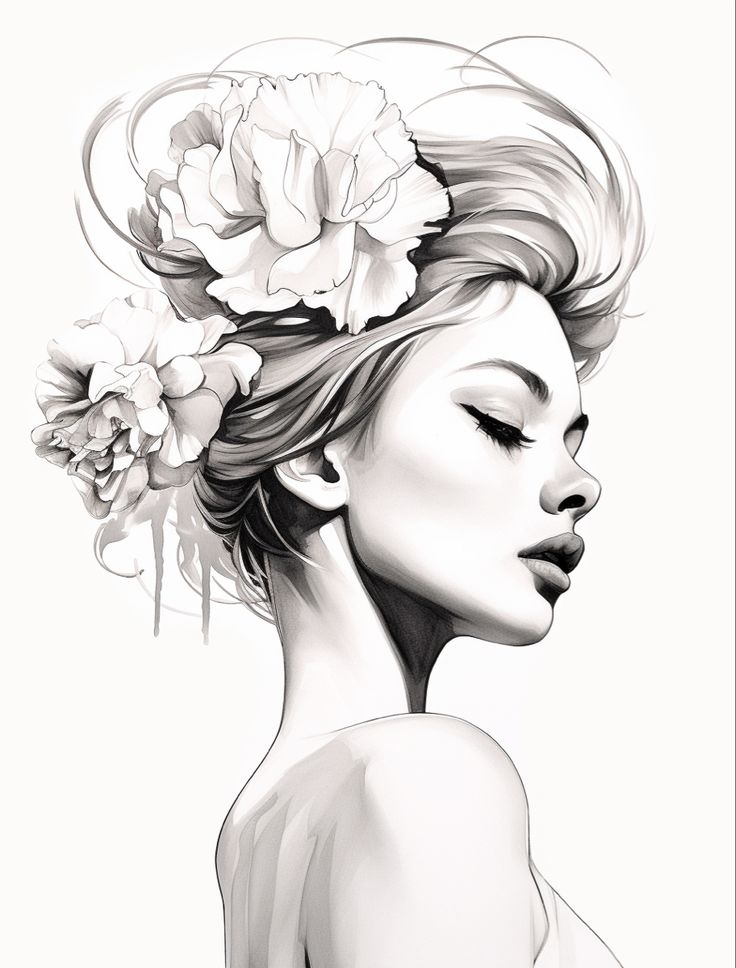 a drawing of a woman with flowers in her hair