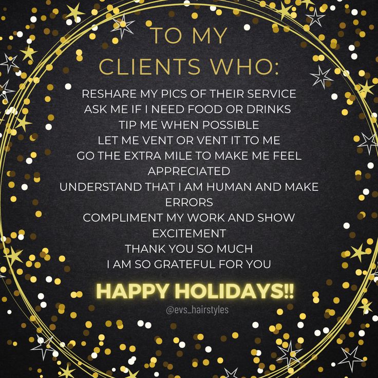 a black and gold happy holidays card with the words to my client who ask me if i need food or drink