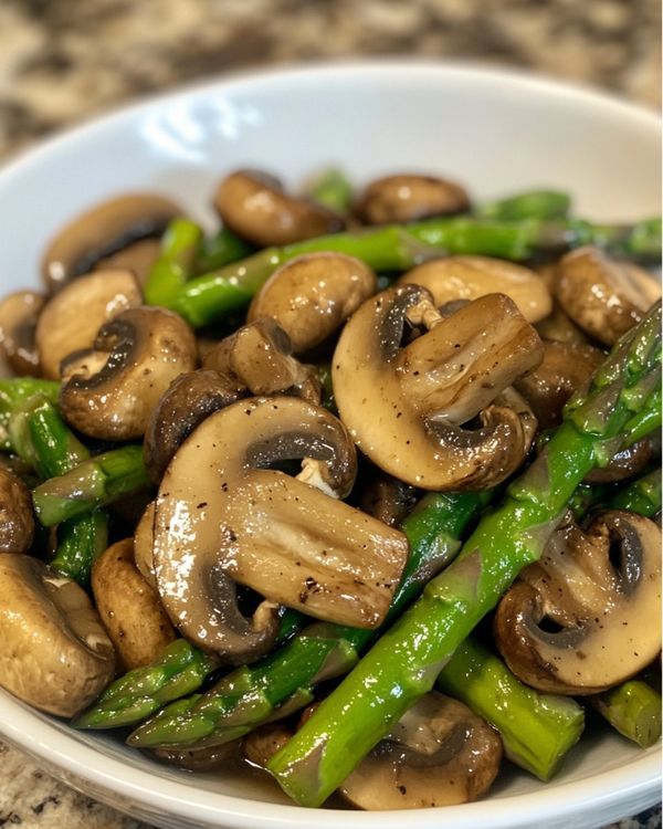 a white bowl filled with mushrooms and asparagus on top of a marble counter