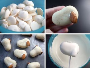 there are four pictures with different food items in the same photo, including marshmallows and almonds