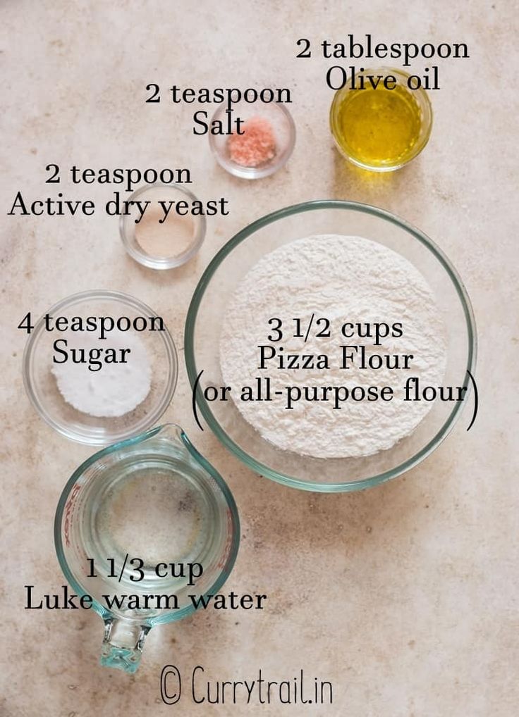 ingredients to make homemade pizza crusts on a marble counter top with text overlay