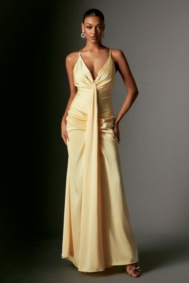 Embrace an unforgettable sophistication with our Ock Deep V Halter Satin Maxi Dress! Crafted from luxurious satin fabric, this dress features a chic deep V-neckline and a halter design, complemented by a striking thigh-high split that adds a bold and flirtatious touch. To complete your look, pair it with simple gold jewelry and elegant high heels to accentuate its sophisticated charm.    Model wearing size S  Model Stats:Height - 68.9”/175 cm Bust - 34.6”/88cm Hips - 36.2”/92 c Chic Satin Dress With Fitted Bodice And V-neck, Ruched V-neck Satin Dress For Formal Occasions, Silk Satin V-neck Dress With Fitted Bodice, V-neck Bias Cut Dress For Prom, V-neck Bias Cut Dress For Prom Season, V-neck Dress With Satin Finish For Prom, V-neck Bias Cut Evening Dress For Prom, Formal V-neck Satin Dress For Prom Season, V-neck Bias Cut Evening Dress For Gala