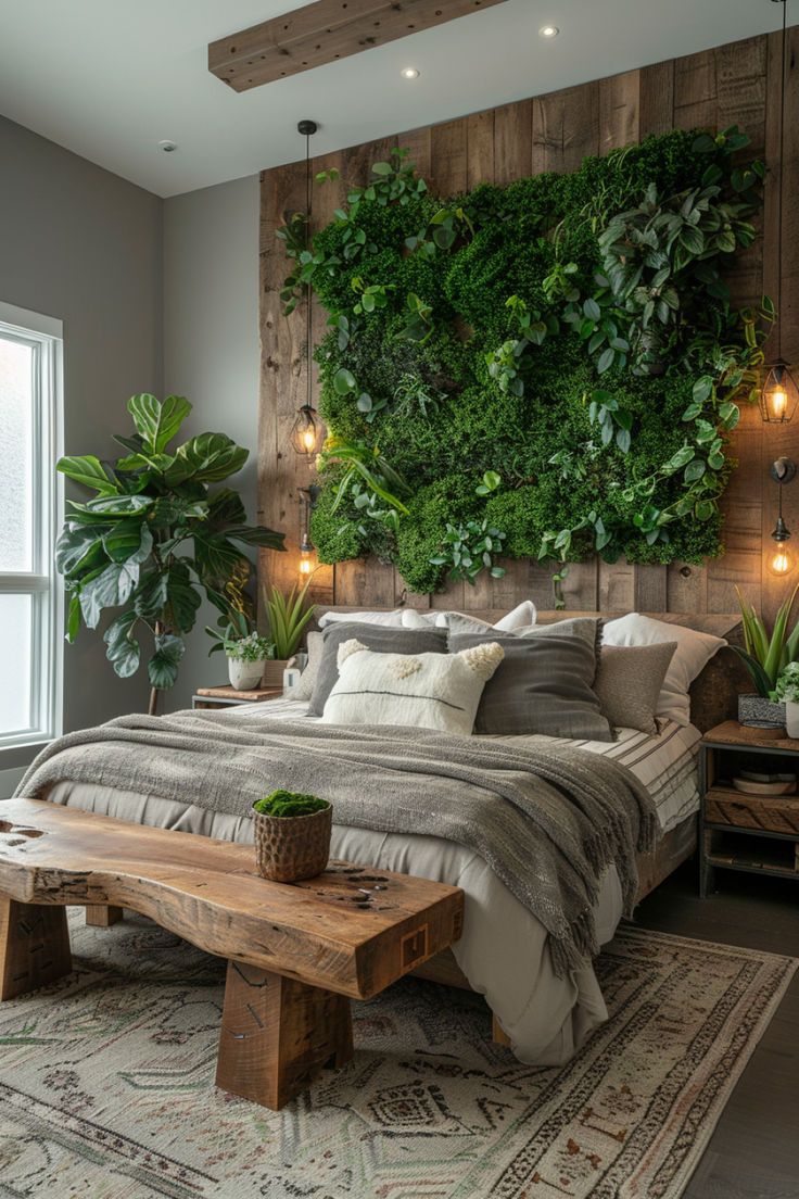 Modern bedroom with a green wall adding tranquility. Green And Wood Bedroom Decor, Garden Aesthetic Bedroom, Dark Wood Room Aesthetic, Green Wood Bedroom, Cozy Bedroom With Plants, Rustic Wood Bedroom, Garden Rooftop, Forest Bedroom, Tranquil Bedroom