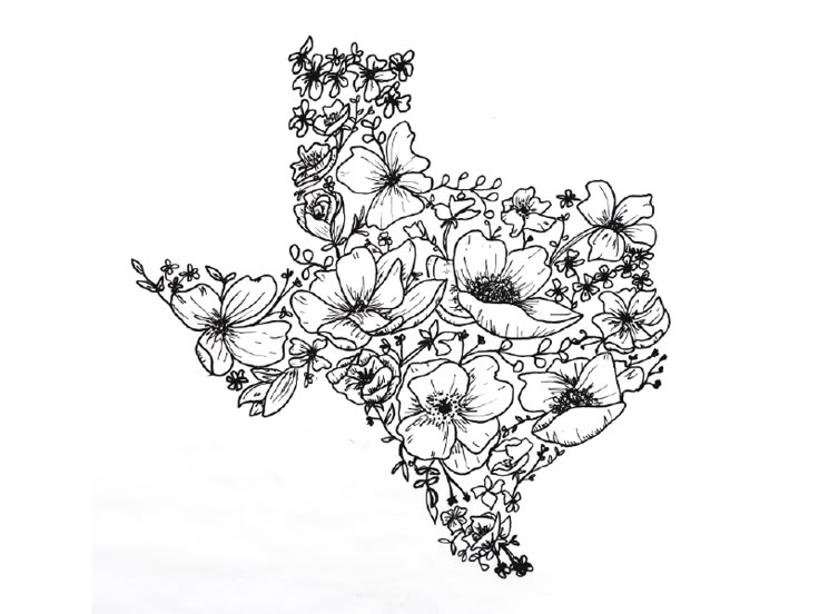 a black and white drawing of texas with flowers