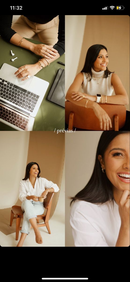 a woman sitting at a desk in front of a laptop computer