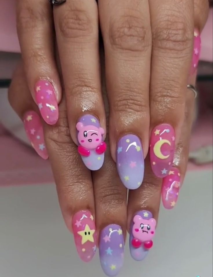 Kawaii Nail Art Acrylic, Anime Almond Nails, Kirby Nail Design, Gamer Nails Design, Video Game Nail Art, Bulbasaur Nails, Mario Nail Designs, Jigglypuff Nails, Ditto Nails