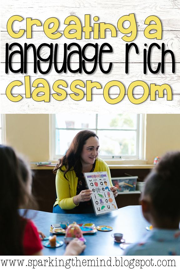 a woman sitting at a table with children in front of her and text reading creating a language rich classroom