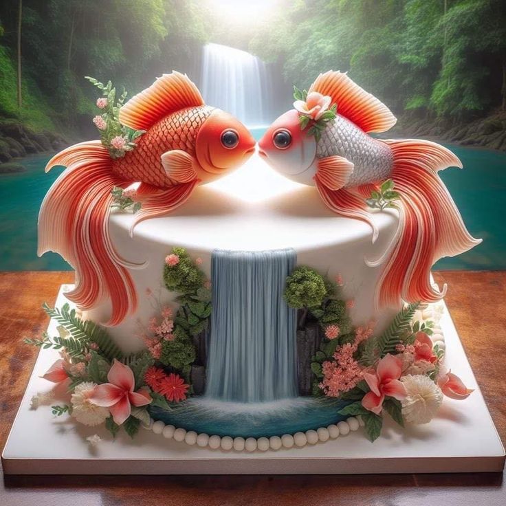 two fish on top of a cake with waterfall in the background and flowers around it