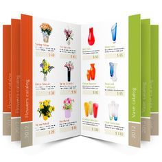 an open brochure with different vases and flowers on each page, including the price