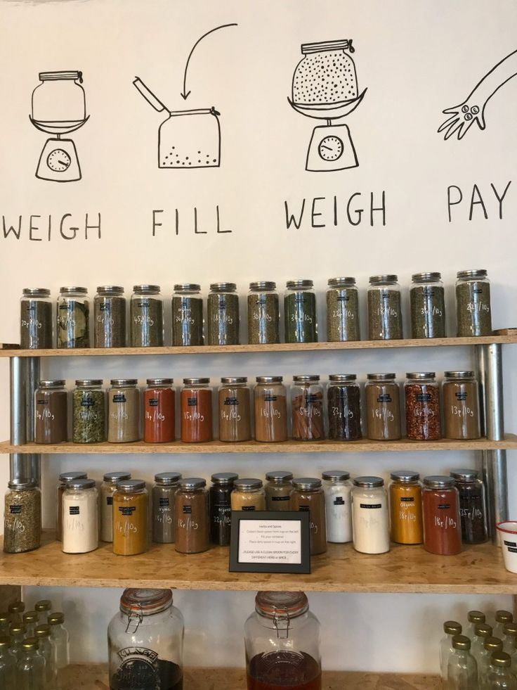 the shelves are full of jars with labels on them that read weight, fill, and pay