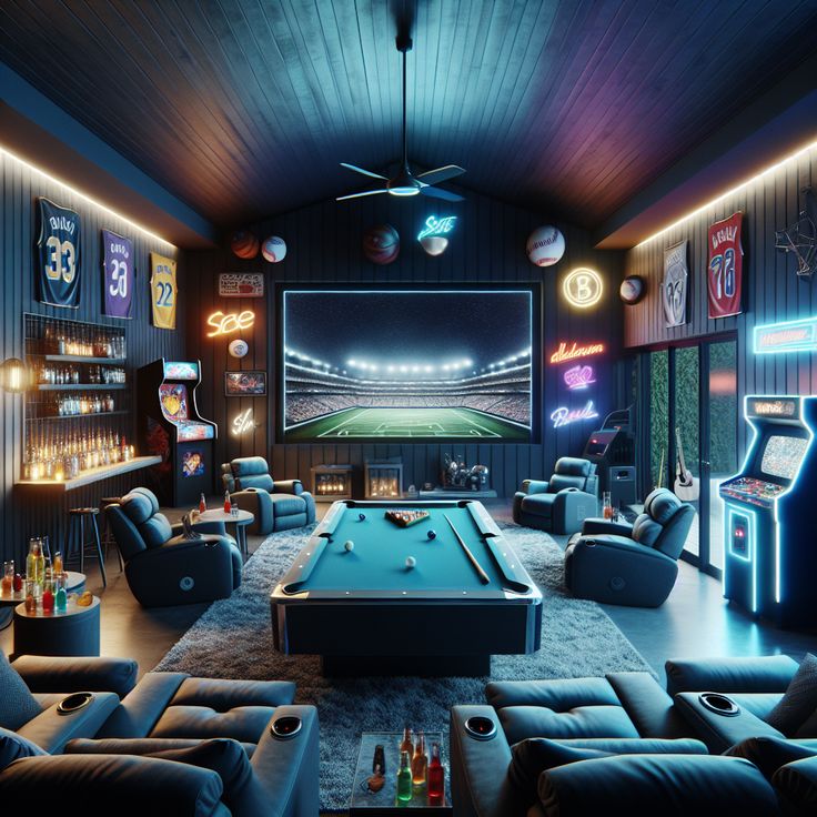 A spacious room in charcoal grey featuring a home theater system, mini bar, pool table, arcade games console, and a VR setup for gaming. Sports memorabilia enriches the walls. A balcony adorns the far end. #HomeTheater #GameRoom #SportsMemorabilia #VRGaming #ArcadeGames #HomeDecor. Modern Game Room, Games Room Inspiration, Garage Game Rooms, House Basement, Man Cave Design, Viking House, Home Game Room, Theater Room Design, Arcade Room