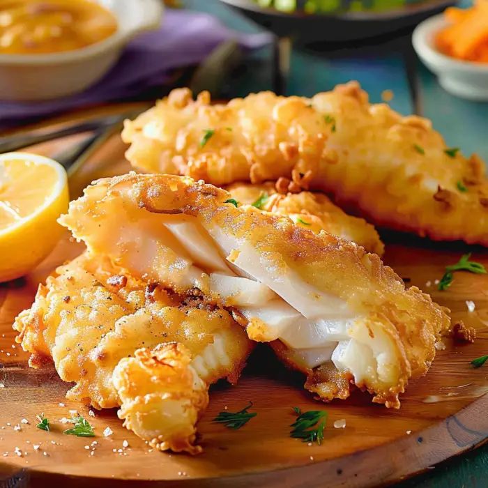 some fried food on a wooden plate with lemon wedges