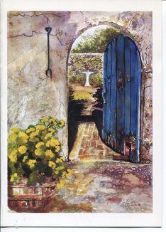 a painting of an open blue door leading into a garden with yellow flowers in the foreground