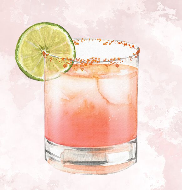 a watercolor painting of a margarita cocktail with lime and salt on the rim, garnished with an orange slice