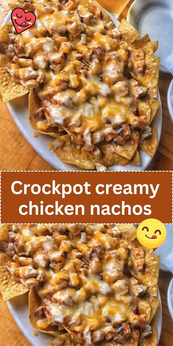 crockpot creamy chicken nachos on a white plate with an orange smiley face