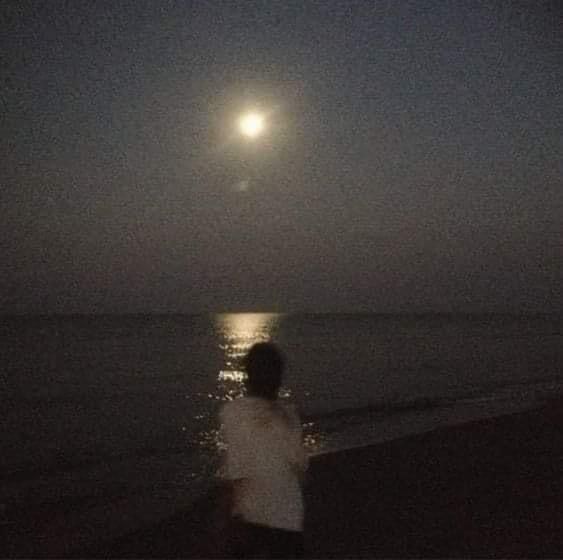 a person standing on the beach at night with the moon in the sky above them