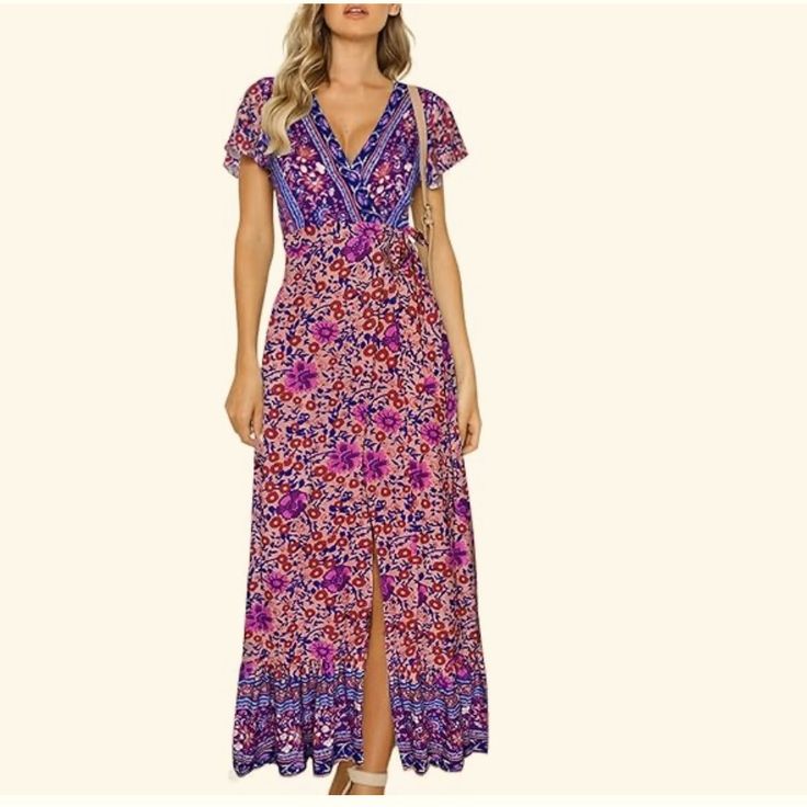 This Vibrant Colorful Boho Wrap Is A V-Neckline Maxi Dress With Butterfly Sleeves. The Frill Hemline Moves Beautifully. The Dress Is Unlined With 100% Rayon Fabric. It Has No Stretch To It And Feels Light And Airy. Brand New With Tags Smoke Free Home Fast Shipping Red Boho Print V-neck Maxi Dress, Pink V-neck Maxi Dress With Vibrant Print, Flowy V-neck Maxi Dress With Vibrant Print, Bohemian Multicolor Maxi Dress With Surplice Neckline, Bohemian Maxi Dress With Vibrant Print And V-neck, Bohemian Multicolor Dress With Surplice Neckline, Bohemian Maxi Dress With Surplice Neckline And Floral Print, Red V-neck Maxi Dress With Boho Print, Purple Floral Print V-neck Dress