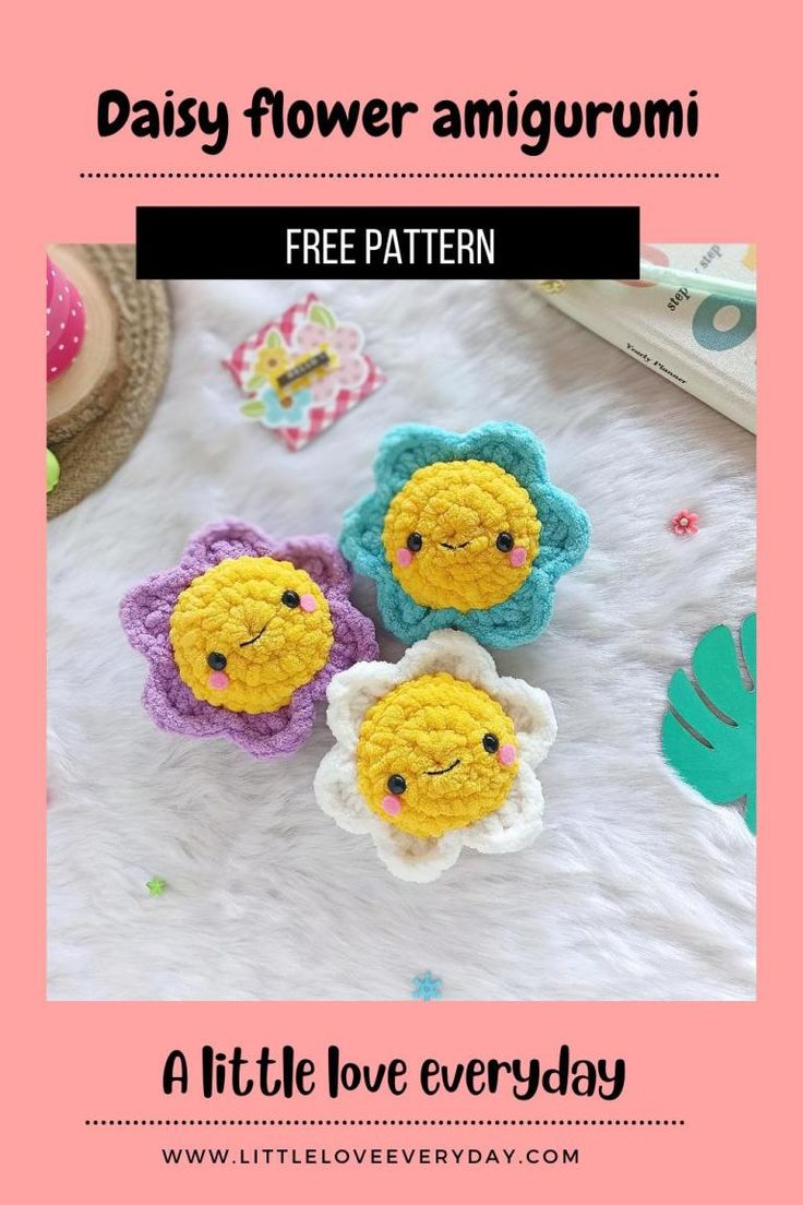 three crocheted flowers with the text daisy flower amigurmi free pattern on it