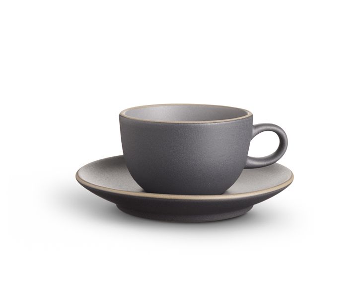 a gray cup and saucer on a white background