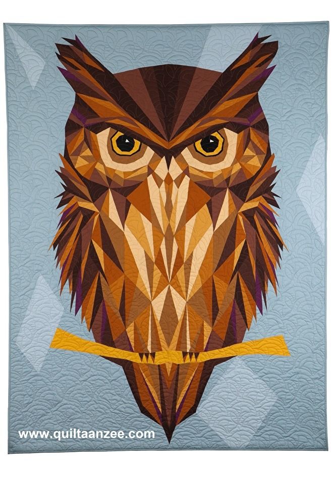 an owl with yellow eyes is depicted on a blue background and has geometric shapes in the shape of triangles