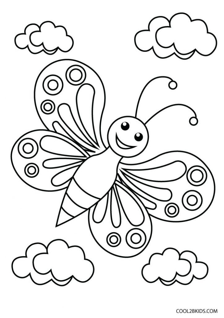 a black and white drawing of a butterfly flying through the air with clouds in the background