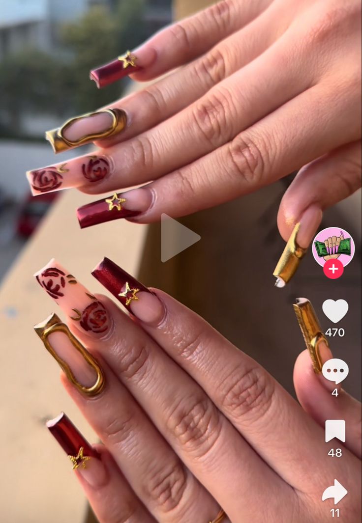 Gold and red chrome nails Nail Inspo Red Chrome, Red And Gold Chrome Nails, Red And Chrome Nails, Red Chrome Nails, Gold Chrome Nails, Red Chrome, Pointy Nails, Subtle Nails, Y2k Nails