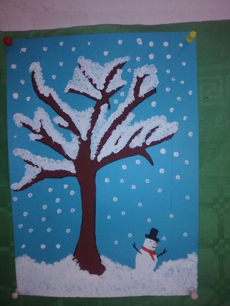 a painting of a snow covered tree with a snowman in the foreground and a blue sky behind it