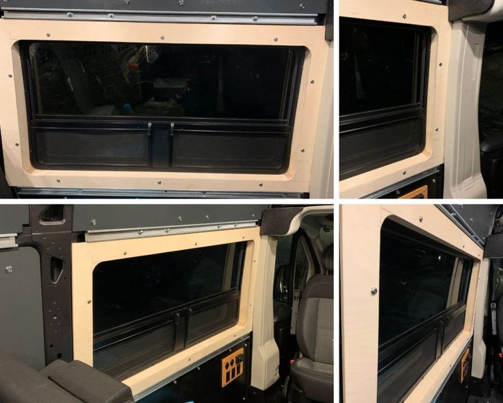 four different views of the inside of a camper with its doors open and windows closed