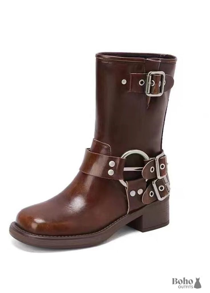 Whether you're heading to a casual outing, a music festival, or a day out in the city, these boots are versatile enough to match any occasion. Made from genuine split cowhide leather, these women's cowboy boots are perfect for adding a touch of rugged sophistication to any outfit. Designed with a rounded toe and a sturdy chunky heel (3-5CM), they provide the perfect blend of style and functionality. The high-quality rubber sole ensures durability, making these boots suitable for all seasons. The Western Style Brown Mid-calf Boots With Leather Sole, Black Western Mid-calf Boots With Wide Calf, Brown Western Mid-calf Boots With Round Toe, Western Inspired Outfits, Brown Western Lace-up Moto Boots, Brown Wide Calf Mid-calf Boots With Buckle Closure, White Maxi Dress Boho, White Lace Maxi Dress, White Lace Maxi