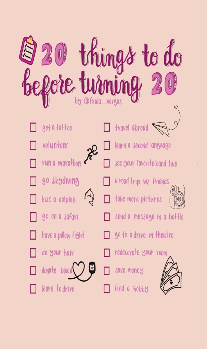 a pink poster with the words 20 things to do before turning 20