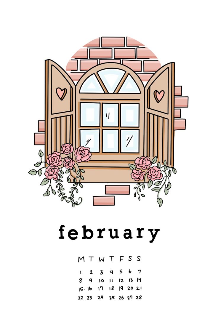 a calendar with flowers on it and the word february in front of an open window