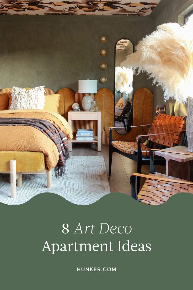 a bedroom with an orange bed and yellow chairs in the corner, text overlay reads 8 art deco apartment ideas