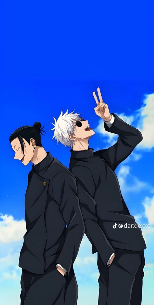 two anime characters standing next to each other in front of a blue sky with clouds