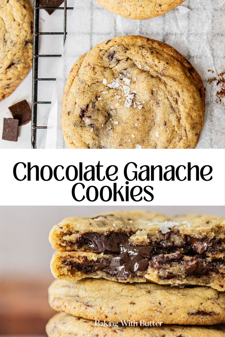 chocolate ganache cookies stacked on top of each other with the words, chocolate ganache cookies