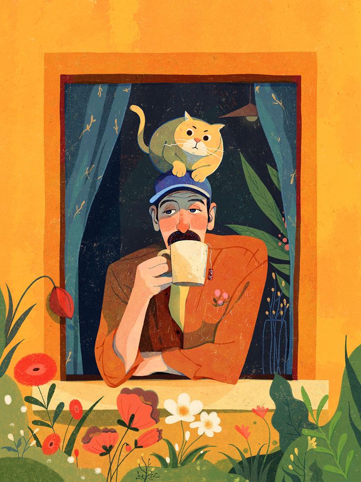 a painting of a man with a cat on his head drinking out of a cup